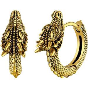 🆕 Men Gold Punk Rock Earrings Hypoallergenic Stainless Steel Sterling Dinosaur